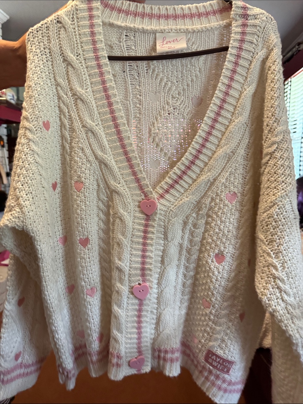 Taylor Swift Cream Cardigan with Pink Hearts & Trim